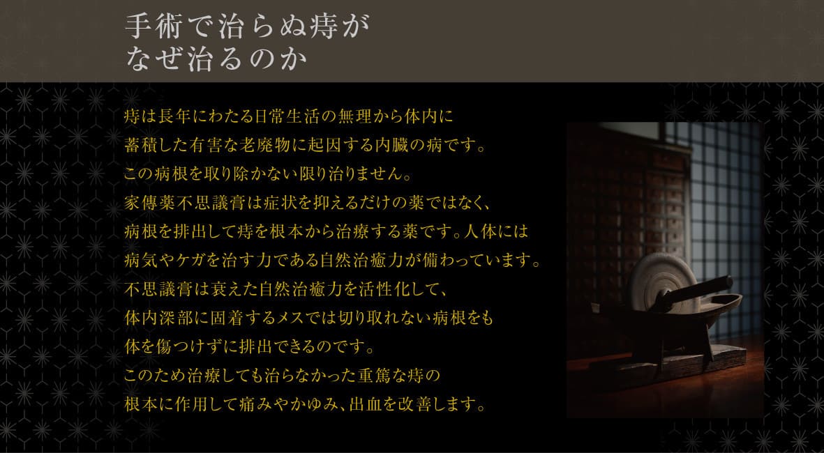 手術で治らぬ痔がなぜ治るのか痔は長年にわたる日常生活の無理から体内に蓄積した有害な老廃物に起因する内臓の病です。この病根を取り除かない限り治りません。家傳薬不思議膏は症状を抑えるだけの薬ではなく、病根を排出して痔を根本から治療する薬です。私たちの体には病気やケガを治す力である治癒力が備わっています。不思議膏は病根を排出して痔のために衰えた治癒力を活性化し、メスでは切り取れない体内深部の病根をも体を傷つけることなく一掃できるのです。このため手術を重ねても治らなかった、どのような重篤な痔も完治に導き、全身の健康を実現します。