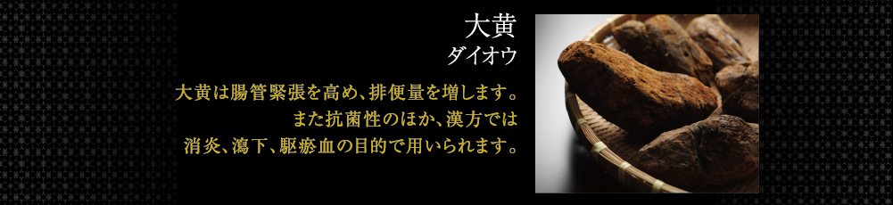 大黄ダイオウ 大黄は腸管緊張を高め、排便量を増します。また抗菌性があるほか、抗炎症、鎮痛作用などの効能があります。