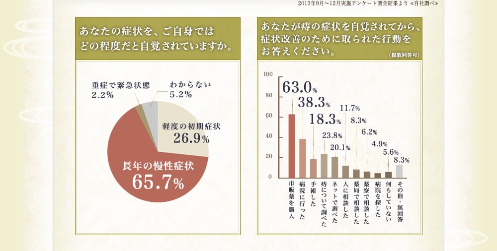 あなたの症状を、ご自身ではどの程度だと自覚されていますか。→長年の慢性症状…65.7％ あなたが痔の症状を自覚されてから、症状改善のために取られた行動をお答えください。→市販薬を購入…63.0％/病院に行った…38.3％/手術した…18.3％